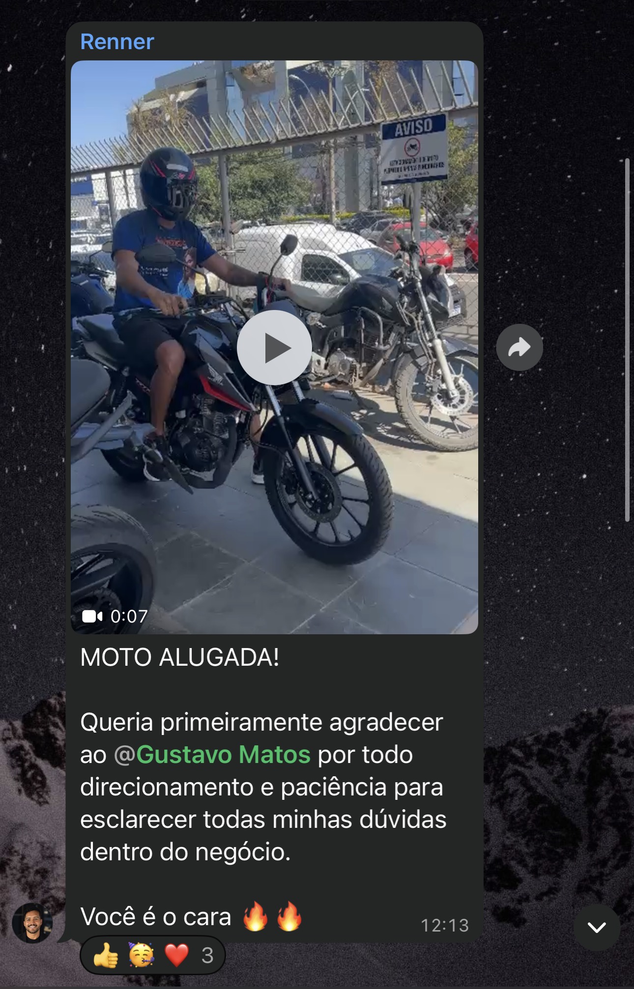 Aluno que conseguiu alugar a primeira moto seguindo o passo a passo e recomenda